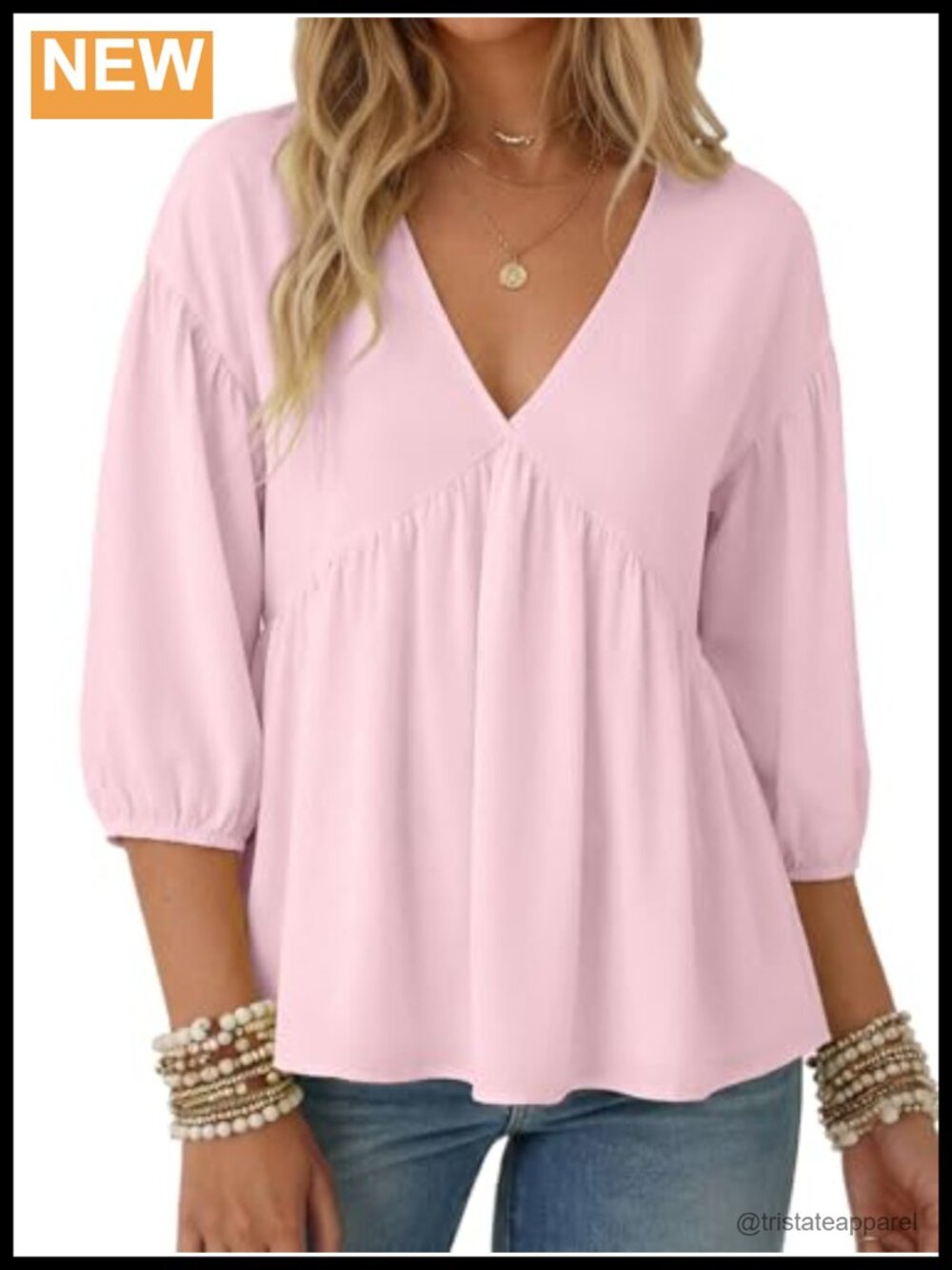 Flowy Peplum Babydoll Top 3/4 Puff Sleeve V Neck Chiffon Blouse